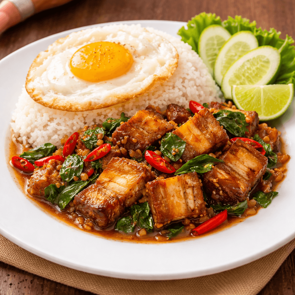 กระเพาหมูกรอบไข่ดาว